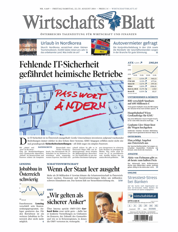 Titelseite des WirtschaftsBlatt vom 22./23. August 2014 mit dem Titel „Fehlende IT-Sicherheit gefährdet heimische Betriebe“.