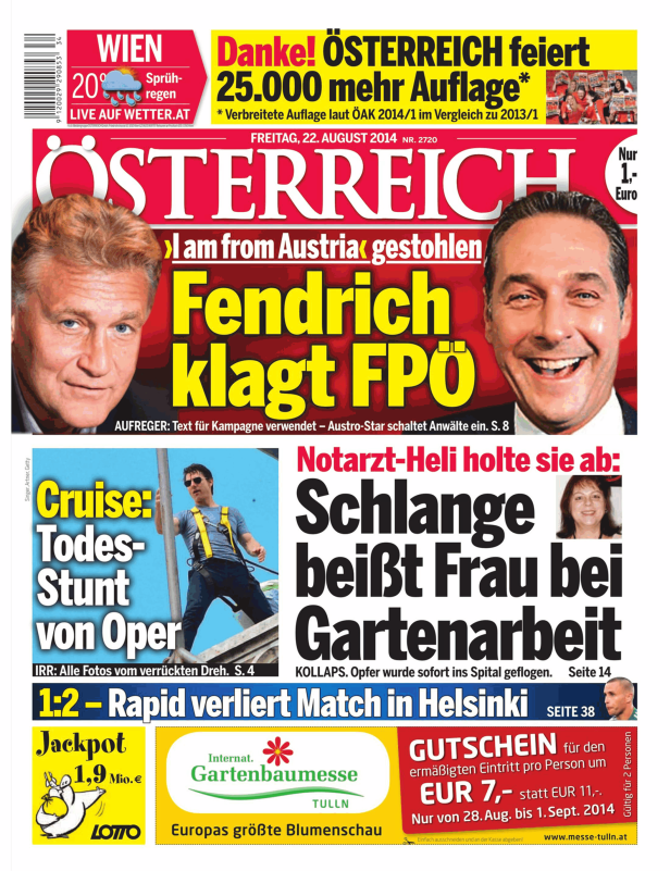 Titelseite der Zeitung „Österreich“ vom 22. August 2014 mit Schlagzeilen zu Fendrich, Tom Cruise und einer Schlangenbiss-Attacke.