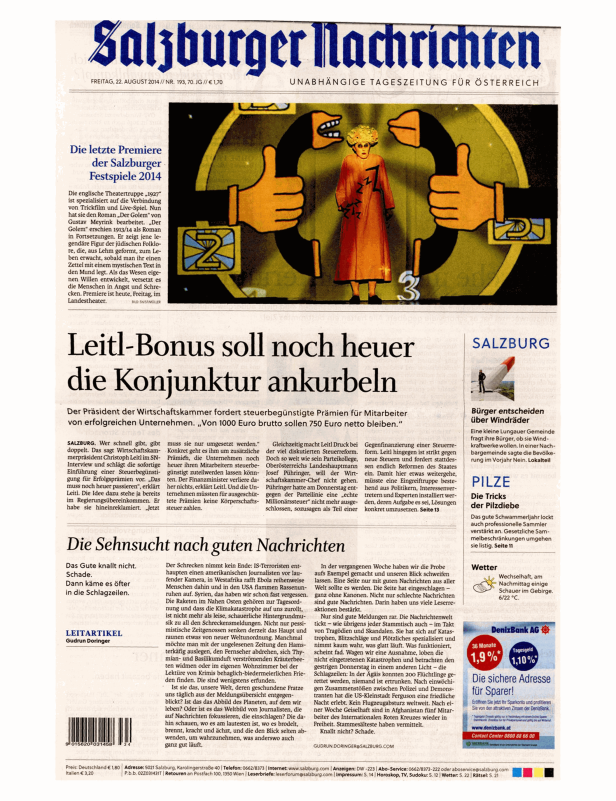 Eine Karikatur, die eine Theateraufführung der Salzburger Festspiele 2014 darstellt.