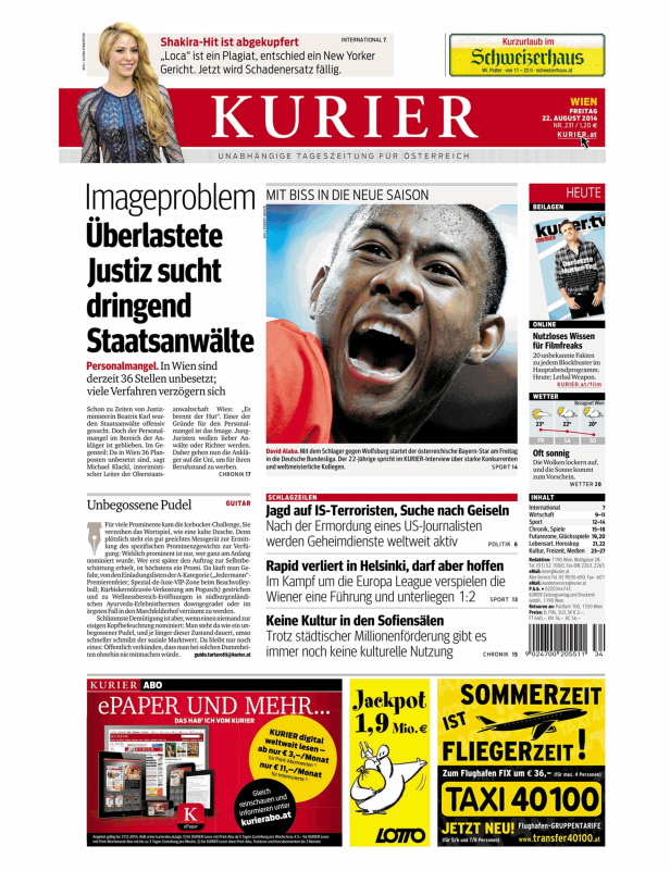 Titelseite des Kurier vom 22. August 2014 mit Schlagzeilen zu verschiedenen Themen.