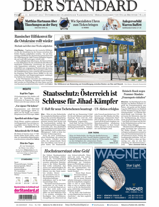 Titelseite der Zeitung Der Standard vom 22. August 2014.