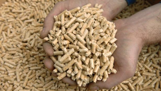 Eine Handvoll Holzpellets vor einem Haufen loser Pellets.