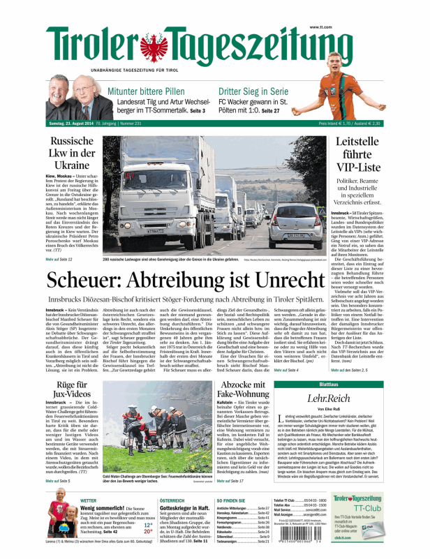 Eine Titelseite der Tiroler Tageszeitung vom 23. August 2014.