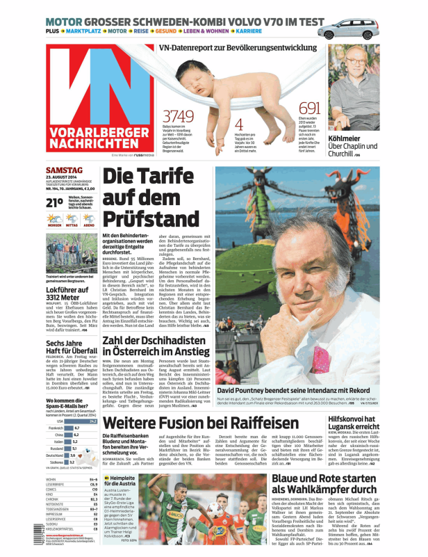 Titelseite der Vorarlberger Nachrichten vom 23. August 2014.