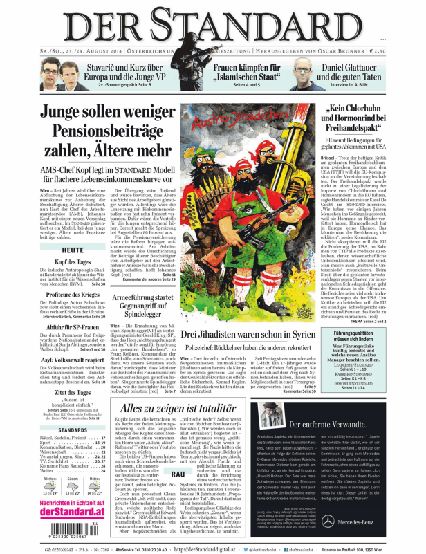 Titelseite der Zeitung „Der Standard“ vom 23./24. August 2014.