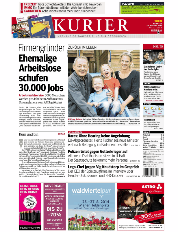 Titelseite der österreichischen Tageszeitung „Kurier“ vom 23. August 2014.