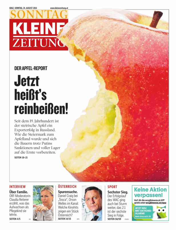 Titelseite der „Kleinen Zeitung“ vom 24. August 2014 mit dem Titelthema „Der Apfel-Report“.