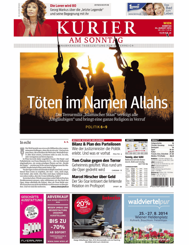 Titelseite des Kurier am Sonntag vom 24. August 2014 mit dem Titel „Töten im Namen Allahs“.
