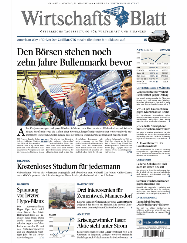 Titelseite des Wirtschaftsblatt vom 25. August 2014.