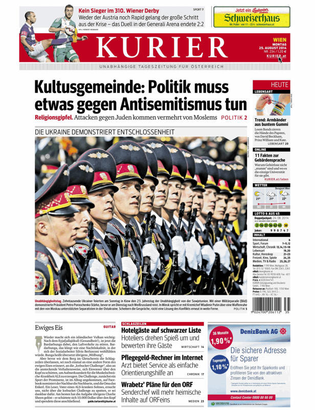 Titelseite des Kurier vom 25. August 2014 mit Nachrichten zu Politik, Sport und Wirtschaft.