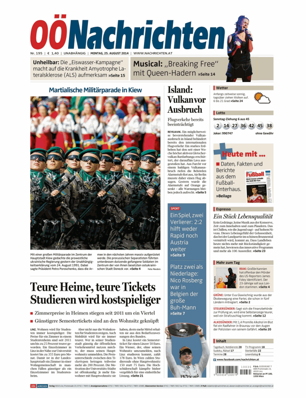 Titelseite der OÖ Nachrichten vom 25. August 2014 mit Artikeln zu Militärparade, Vulkanausbruch und Studienkosten.