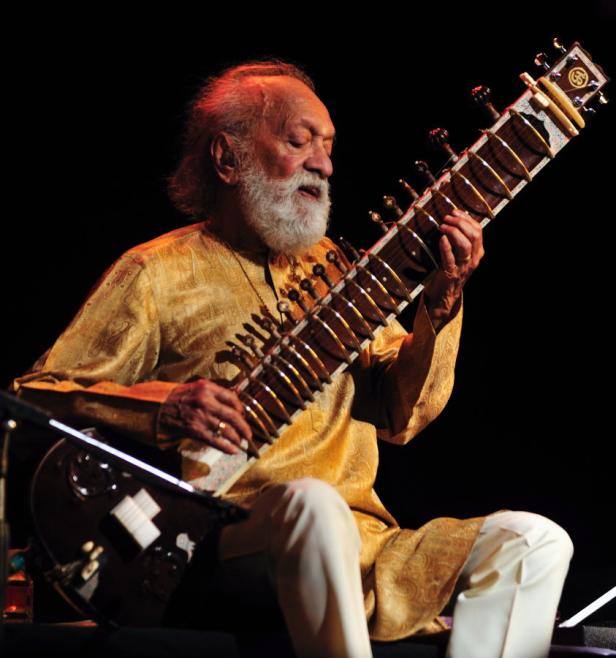Ein älterer Mann mit Bart spielt eine Sitar.