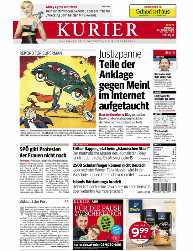 Titelseite des Kurier vom 26. August 2014 mit Miley Cyrus und Superman.
