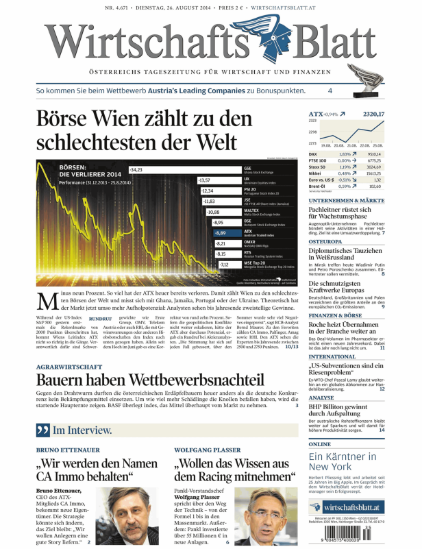 Titelseite des WirtschaftsBlatt vom 26. August 2014.