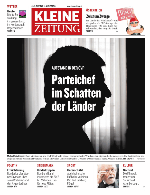 Titelseite der Kleinen Zeitung vom 26. August 2014 mit dem Titel „Parteichef im Schatten der Länder“.