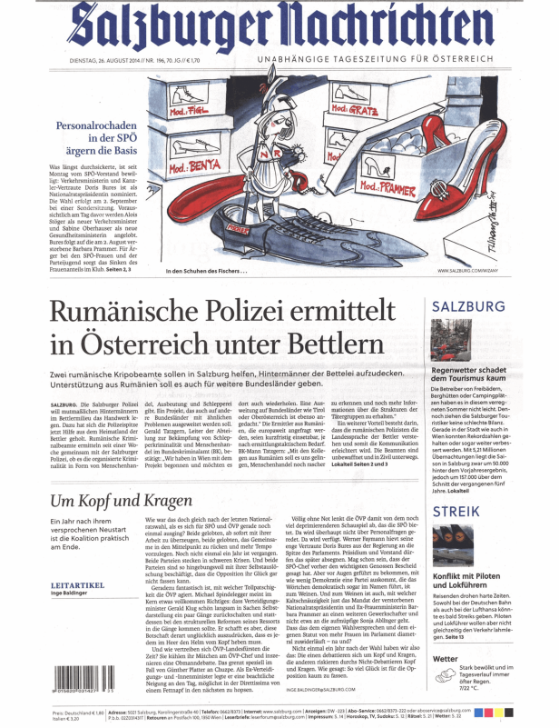 Karikatur in einer Zeitung zeigt eine Frau zwischen Schuhkartons mit der Aufschrift „Modell“ und Namen österreichischer Politiker.