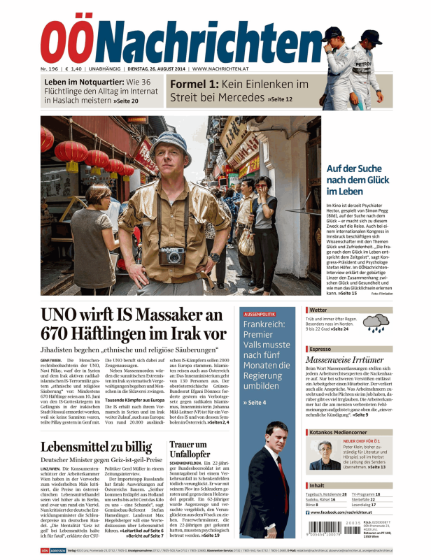 Simon Pegg als Psychiater Hector auf der Suche nach Glück, beworben auf der Titelseite der OÖNachrichten.