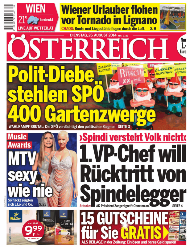Titelseite der Zeitung „Österreich“ vom 26. August 2014 mit Artikeln über Politik, Urlaub und Musikpreise.