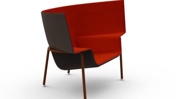 Ein moderner Sessel mit hoher Rückenlehne in Rot und Braun auf einem weißen Hintergrund.
