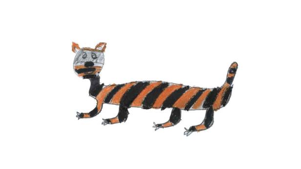 Eine Kinderzeichnung zeigt eine gestreifte Katze in Orange und Schwarz.