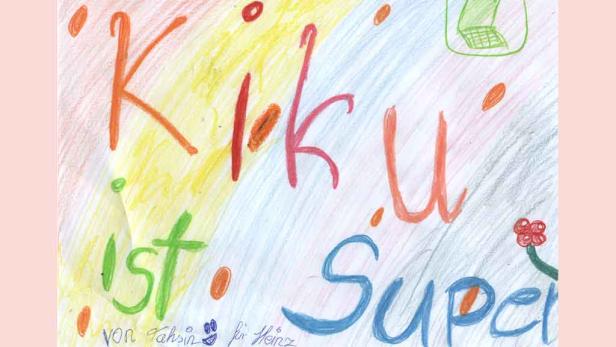 Eine Kinderzeichnung mit der Aufschrift „Kikku ist Super“.
