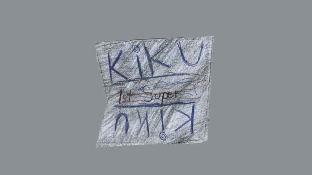 Eine Kinderzeichnung mit dem Wort „Kiku“ und der Aufschrift „1st Super“.