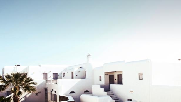 Weiße Gebäude mit einem Palmenbaum unter einem hellblauen Himmel.