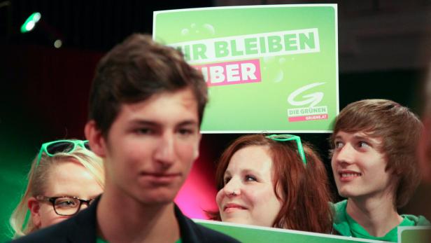 Junge Menschen stehen hinter einem Schild der Grünen mit der Aufschrift „Wir bleiben sauber“.