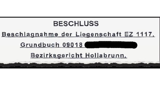Ein Beschluss des Bezirksgerichts Hollabrunn zur Beschlagnahme der Liegenschaft EZ 1117, Grundbuch 09018.