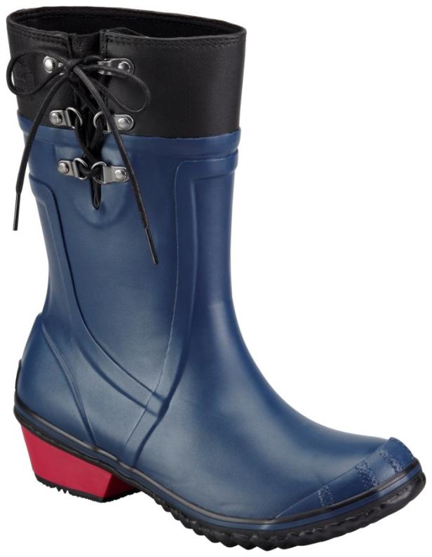 Ein blauer Gummistiefel mit schwarzem Schaft und rotem Absatz.