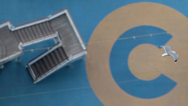 Eine Möwe fliegt über das Deck eines Kreuzfahrtschiffes mit einem großen „C“-Logo.