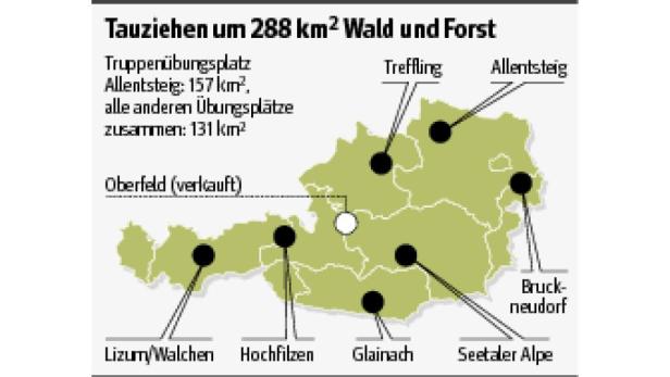 Eine Karte von Österreich zeigt die Standorte von Truppenübungsplätzen.