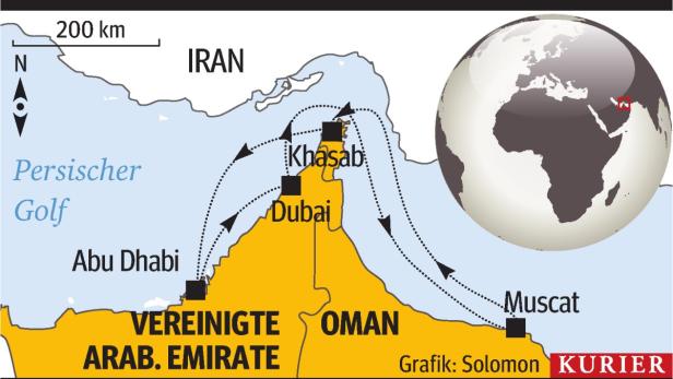 Eine Karte, die die Lage der Vereinigten Arabischen Emirate, des Oman und des Iran zeigt.