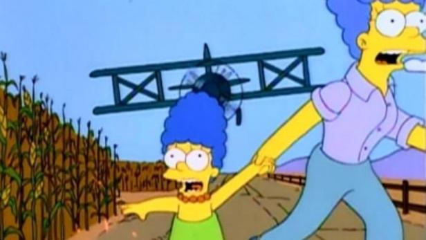 Marge und Lisa Simpson fliehen vor einem Doppeldeckerflugzeug auf einem Feld.