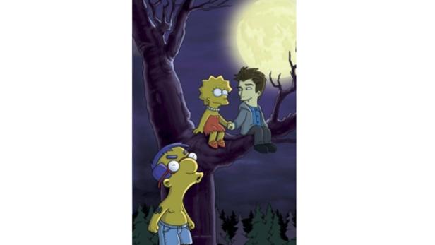 Lisa Simpson sitzt mit einem Vampir in einem Baum, während Milhouse traurig zuschaut.