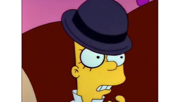 Bart Simpson mit Hut und ängstlichem Gesichtsausdruck.