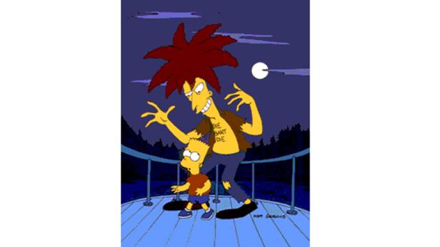 Sideshow Bob droht Bart Simpson auf einem Bootsdeck im Mondschein.