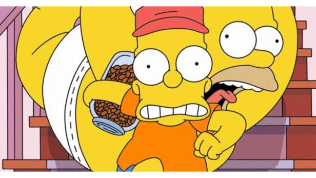 Bart Simpson rennt mit einem Glas voller Bohnen vor Homer davon.