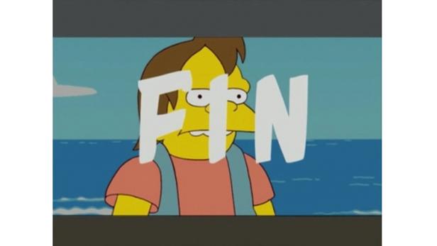 Eine Szene mit Nelson Muntz aus „Die Simpsons“ mit dem Wort „FIN“ im Vordergrund.