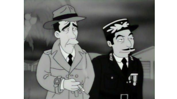 Zwei animierte Männer, einer im Trenchcoat und Hut, der andere in Uniform, stehen nebeneinander.