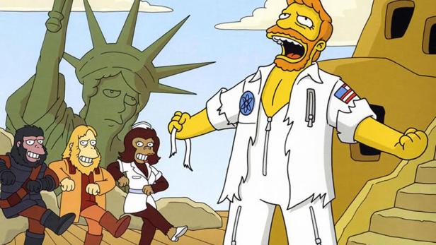 Eine Simpsons-Parodie auf „Planet der Affen“ mit der Freiheitsstatue und verängstigten Affen.