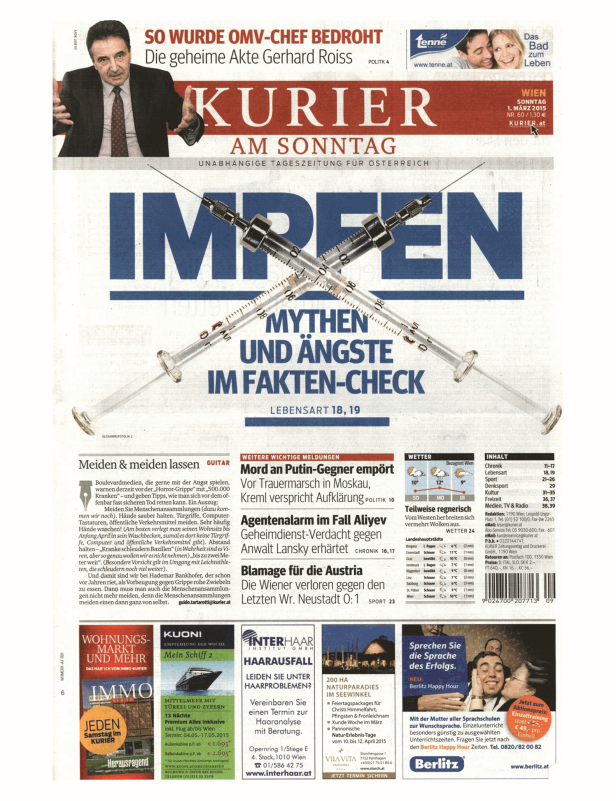 Titelseite des Kurier vom 1. März 2015 mit dem Thema Impfen.