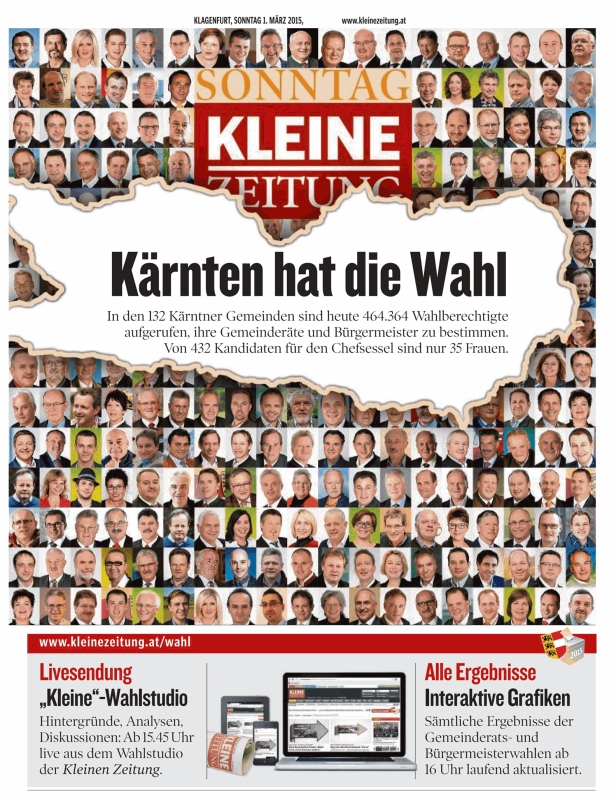Titelseite der Kleinen Zeitung zur Kärntner Wahl 2015 mit vielen Porträtfotos von Kandidaten.