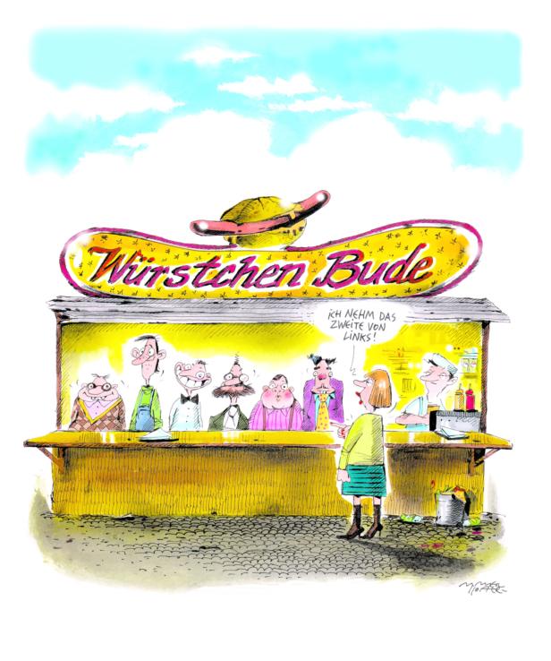 Karikatur einer Frau, die an einer „Würstchen Bude“ eine Wurst bestellt.