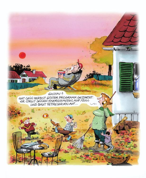 Eine Karikatur zeigt eine Familie im Herbst, während ein Mann im Liegestuhl isst.