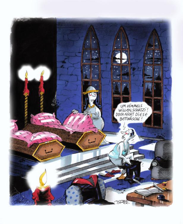 Ein Vampirpaar in einem Schloss, wobei der Mann sich über die Bettwäsche beschwert.