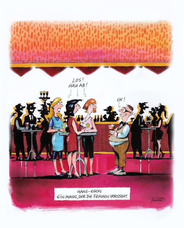 Karikatur von Hans-Egon, einem Mann auf einer Party, der von Frauen gemocht wird.