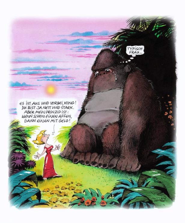 Karikatur: Eine Frau im roten Kleid verlässt einen weinenden Gorilla namens Kong.