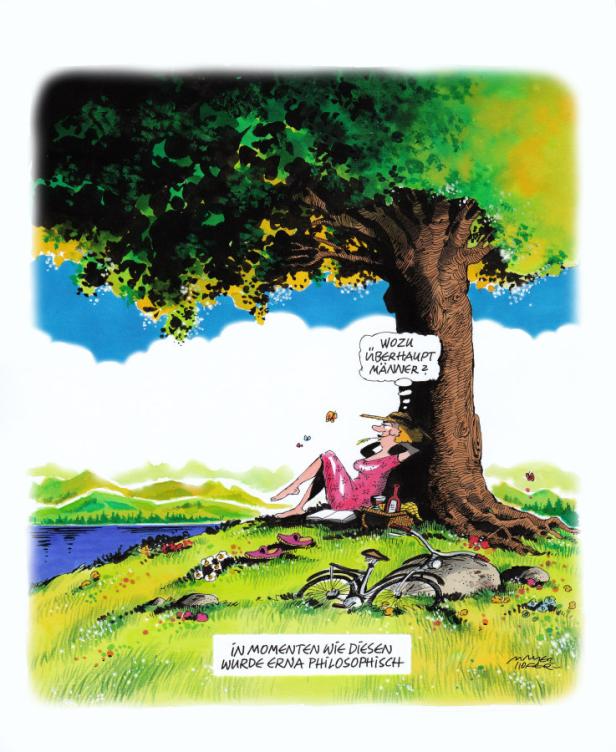 Eine Frau liegt unter einem Baum am See und denkt: „Wozu überhaupt Männer?".