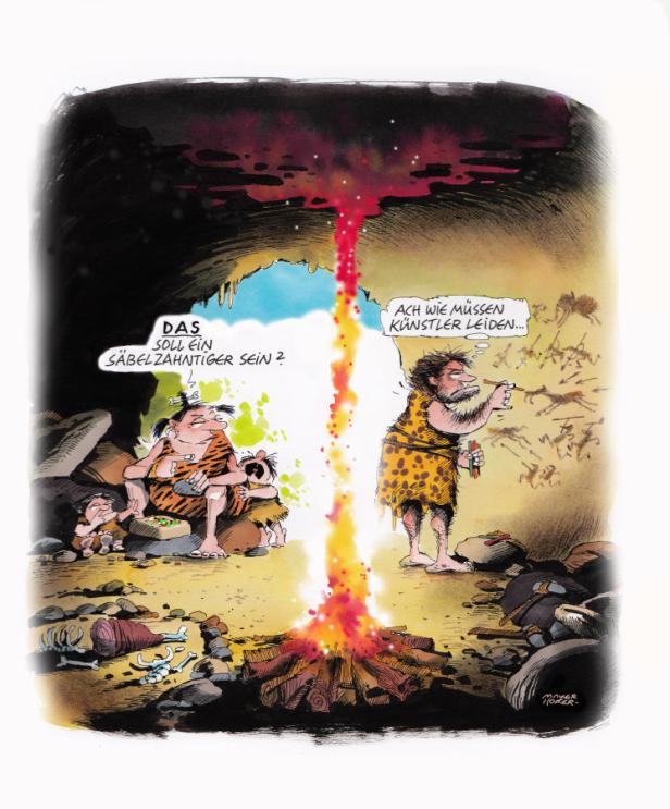 Eine Karikatur zeigt Steinzeitmenschen, von denen einer Höhlenmalereien anfertigt.